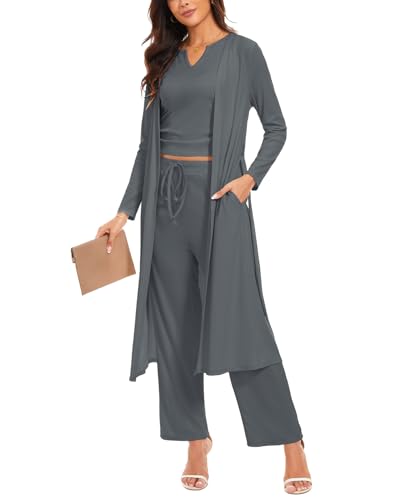Atxnn Damen Schlafanzug 3-teilige Loungewear Pyjama Sets Langarm Offene Strickjacke Tanktops Palazzo-Hose Nachtwäsche mit Taschen und Gürtel, GRAU XXL von Atxnn