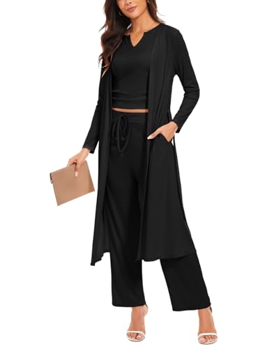 Atxnn Damen Schlafanzug 3-teilige Loungewear Pyjama Sets Langarm Offene Strickjacke Tanktops Palazzo-Hose Nachtwäsche mit Taschen und Gürtel, SCHWARZ XL von Atxnn