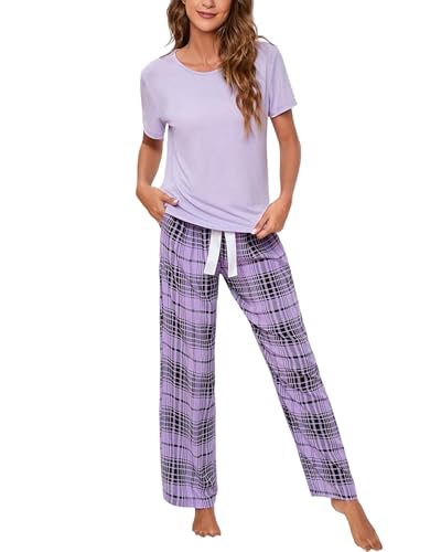 Atxnn Damen Schlafanzug Baumwolle Pyjama Zweiteiler Nachtwäsche Weich Kurzarmshirt Lange Kariert Hose Pyjama Set Hausanzug mit Taschen, LILA S von Atxnn