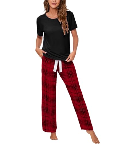Atxnn Damen Schlafanzug Baumwolle Pyjama Zweiteiler Nachtwäsche Weich Kurzarmshirt Lange Kariert Hose Pyjama Set Hausanzug mit Taschen, SCHWARZ XL von Atxnn