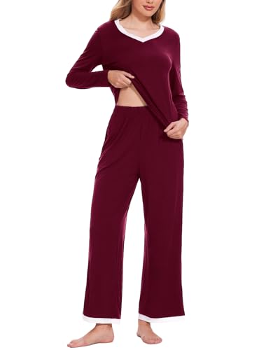 Atxnn Damen Schlafanzug Weiche Lang Pyjama Herbst Winter Nachtwäsche V-Ausschnitt Pyjama Set Frühling Langarm Hausanzug mit Taschen, DUNKLROT XL von Atxnn