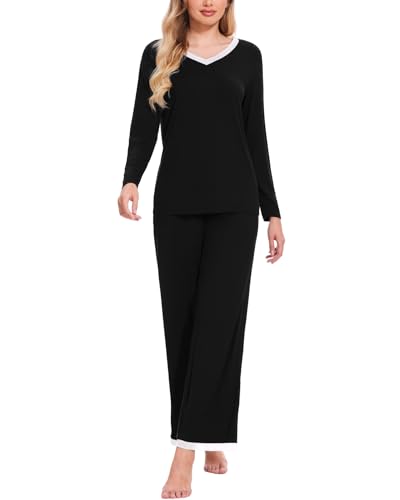 Atxnn Damen Schlafanzug Weiche Lang Pyjama Herbst Winter Nachtwäsche V-Ausschnitt Pyjama Set Frühling Langarm Hausanzug mit Taschen, SCHWARZ L von Atxnn