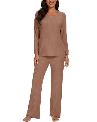 Atxnn Damen Schlafanzug Winter Pyjama Zweiteiler Gerippt Nachtwäsche V-Ausschnitt Langarm Pyjama Set Warme Loungewear Hausanzug mit Taschen, Khaki XS von Atxnn