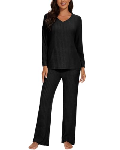 Atxnn Damen Schlafanzug Winter Pyjama Zweiteiler Gerippt Nachtwäsche V-Ausschnitt Langarm Pyjama Set Warme Loungewear Hausanzug mit Taschen, SCHWARZ XS von Atxnn
