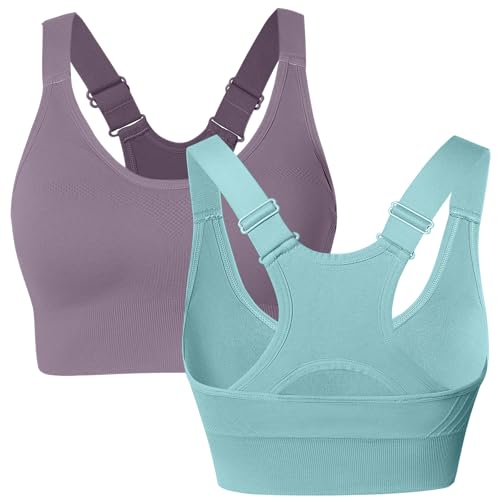 Atxnn Damen Sport BH Einstellbarer Breiten Schultergurt Yoga Bra Push up Bustier Racerback Nahtlose Gepolstert ohne Buegel für Fitness Lauf Joggen, 2 Pack L von Atxnn