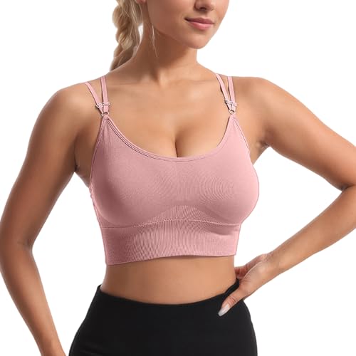 Atxnn Damen Sport BH Einstellbarer Schultergurt Yoga Bra Push up Bustier Crossback Nahtlose ohne Buegel mit Abnehmbaren Gepolstert für Fitness Lauf Joggen, ROSA XL von Atxnn