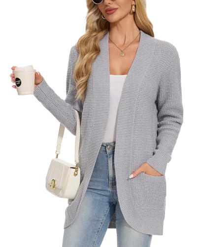 Atxnn Damen Strickjacke Grobstrick Cardigan Winter Warme Sweater Lang Vorne Offen Pullover Lose Langarm Strickmantel Strickpullover mit Taschen, HELLGRAU M von Atxnn