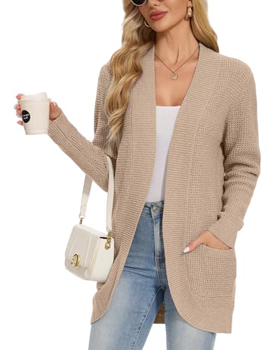 Atxnn Damen Strickjacke Grobstrick Cardigan Winter Warme Sweater Lang Vorne Offen Pullover Lose Langarm Strickmantel Strickpullover mit Taschen, Khaki XL von Atxnn