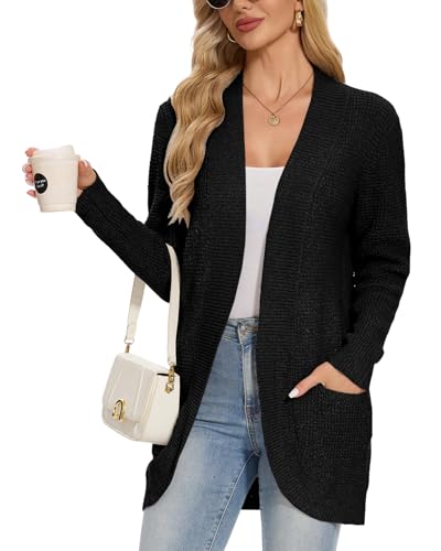 Atxnn Damen Strickjacke Grobstrick Cardigan Winter Warme Sweater Lang Vorne Offen Pullover Lose Langarm Strickmantel Strickpullover mit Taschen, SCHWARZ M von Atxnn