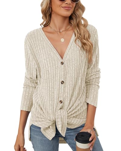Atxnn Damen Strickjacke Lang Cardigan mit Knöpfen Herbst Gerippt Pullover Elegant Leichte Strickmantel Strickcardigan für Winter Frühling, Aprikose XXL von Atxnn