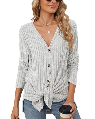 Atxnn Damen Strickjacke Lang Cardigan mit Knöpfen Herbst Gerippt Pullover Elegant Leichte Strickmantel Strickcardigan für Winter Frühling, HELLGRAU L von Atxnn