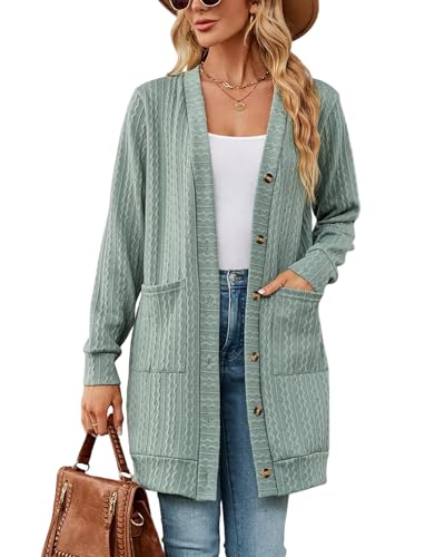 Atxnn Damen Strickjacke Open Front Cardigan Elegant Lang Strickpullover mit Knöpfen Herbst Winter Sweater Lässige Strickmantel mit Taschen, GRÜN M von Atxnn