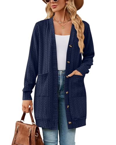 Atxnn Damen Strickjacke Open Front Cardigan Elegant Lang Strickpullover mit Knöpfen Herbst Winter Sweater Lässige Strickmantel mit Taschen, Navyblau L von Atxnn