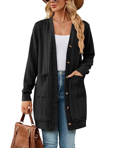 Atxnn Damen Strickjacke Open Front Cardigan Elegant Lang Strickpullover mit Knöpfen Herbst Winter Sweater Lässige Strickmantel mit Taschen, SCHWARZ XL von Atxnn