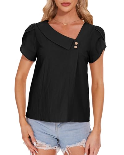 Atxnn Damen T Shirt Baumwoll Sommer Kurzarm Tops Schrägkragen Kurzarm Bluse Casual Solide Elegant Oberteil Freizeit Strand von Atxnn