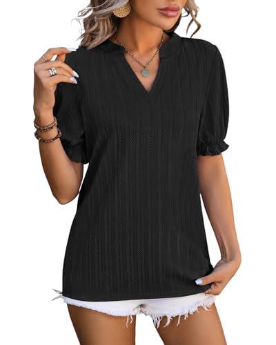 Atxnn Damen T Shirt Sommer Dehnbare Tops Puff Kurze Ärmel V-Ausschnitt Oberteile Casual Bluse Solide Bequem und atmungsaktiv von Atxnn