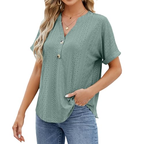 Atxnn Damen T Shirt Sommer Kurzarm Tops V-Ausschnitt Casual blusen Jacquard hohl Tunika Solide Hohle Bequem und atmungsaktiv von Atxnn