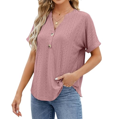 Atxnn Damen T Shirt Sommer Kurzarm Tops V-Ausschnitt Casual blusen Jacquard hohl Tunika Solide Hohle Bequem und atmungsaktiv von Atxnn