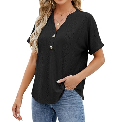 Atxnn Damen T Shirt Sommer Kurzarm Tops V-Ausschnitt Casual blusen Jacquard hohl Tunika Solide Hohle Bequem und atmungsaktiv von Atxnn