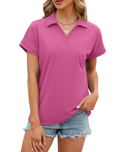 Atxnn Damen T Shirt Sommer Polo Tops Kurze Ärmel V-Ausschnitt Oberteile Casual Bluse Solide Bequem und atmungsaktiv von Atxnn