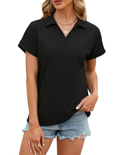 Atxnn Damen T Shirt Sommer Polo Tops Kurze Ärmel V-Ausschnitt Oberteile Casual Bluse Solide Bequem und atmungsaktiv von Atxnn