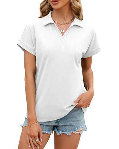 Atxnn Damen T Shirt Sommer Polo Tops Kurze Ärmel V-Ausschnitt Oberteile Casual Bluse Solide Bequem und atmungsaktiv von Atxnn