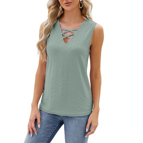 Atxnn Damen Tank Top Ärmellose Öse T Shirt Sommer Bluse Basic Top V-Ausschnitt Oberteile Einfarbig Weste Casual Trägershirt Weste Kühl bequem und atmungsaktiv von Atxnn