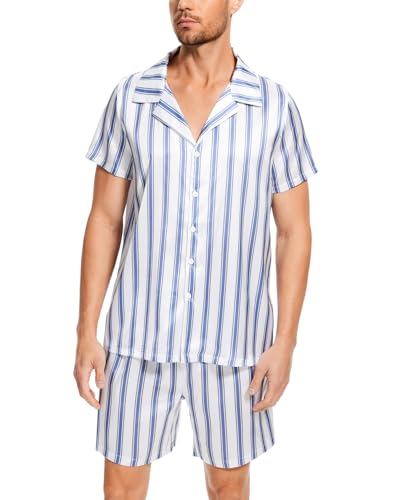 Atxnn Herren Satin Schlafanzug Sommer Kurzarm Pyjama Set Zweiteiliger Nachtwäsche Loungewear Set mit Knopfleiste Hausanzug von Atxnn