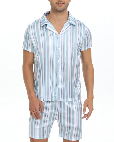 Atxnn Herren Satin Schlafanzug Sommer Kurzarm Pyjama Set Zweiteiliger Nachtwäsche Loungewear Set mit Knopfleiste Hausanzug von Atxnn