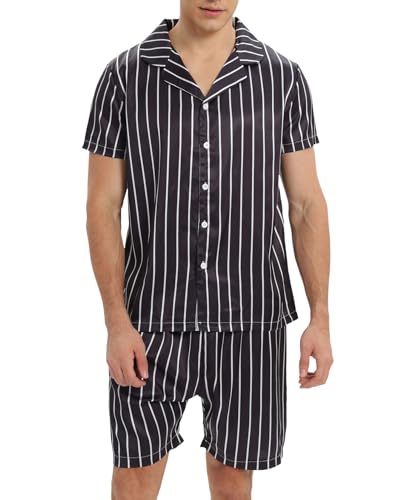 Atxnn Herren Satin Schlafanzug Sommer Kurzarm Pyjama Set Zweiteiliger Nachtwäsche Loungewear Set mit Knopfleiste Hausanzug von Atxnn