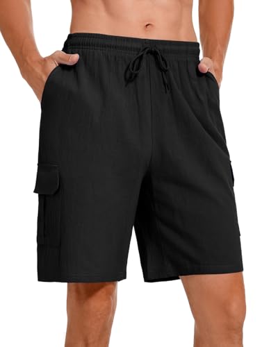 Atxnn Kurze Hosen Herren Baumwolle Leinen Cargo Shorts Sommer Freizeithose Elastische Taille Sommerhose Strandshorts mit Taschen, SCHWARZ L von Atxnn