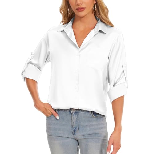 Atxnn Satin Bluse Damen Elegant Hemd 3/4 Ärmel Longbluse Seide Oberteile Business Lässig Tops Frühling Herbst Shirt mit Knopf, Weiss XXL von Atxnn