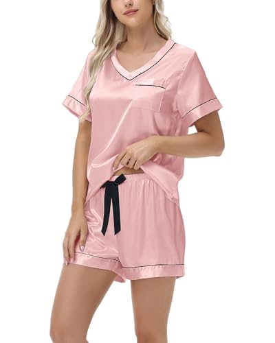 Atxnn Satin Schlafanzug Damen Sommer Kurz Pyjama Set Elegant V Ausschnitt Nachtwäsche Top und Shorts Zweiteiliger Seide Hausanzug, ROSA S von Atxnn
