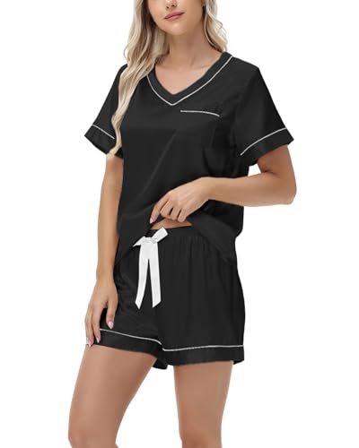 Atxnn Satin Schlafanzug Damen Sommer Kurz Pyjama Set Elegant V Ausschnitt Nachtwäsche Top und Shorts Zweiteiliger Seide Hausanzug, SCHWARZ S von Atxnn