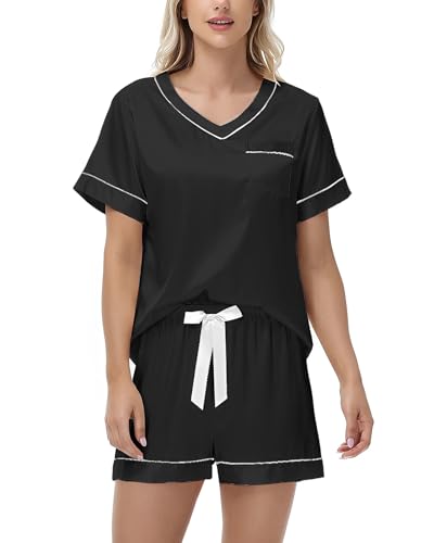 Atxnn Satin Schlafanzug Damen Sommer Kurz Pyjama Set Elegant V Ausschnitt Nachtwäsche Top und Shorts Zweiteiliger Seide Hausanzug, SCHWARZ XXL Atxnn Satin Schlafanzug Damen Sommer Kurz Pyjama Set Elegant V Ausschnitt Nachtwäsche Top und Shorts Zweiteiliger Seide Hausanzug, SCHWARZ XXL von Atxnn