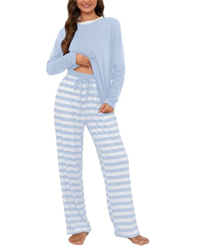 Atxnn Schlafanzug Damen Baumwolle Pyjama Herbst Frühling Nachtwäsche Langarm Sleepshirt Gestreift Hose Hausanzug mit Taschen, HELLBLAU M von Atxnn