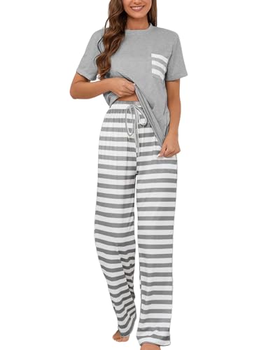 Atxnn Schlafanzug Damen Baumwolle Sommer Pyjama Set Kurzarm Nachtwäsche Schlafshirt Gestreift Schlafhose Hausanzug mit Taschen, GRAU S von Atxnn