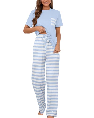 Atxnn Schlafanzug Damen Baumwolle Sommer Pyjama Set Kurzarm Nachtwäsche Schlafshirt Gestreift Schlafhose Hausanzug mit Taschen, HELLBLAU L von Atxnn