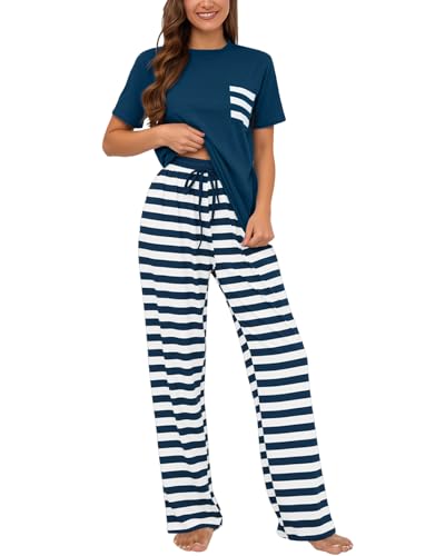 Atxnn Schlafanzug Damen Baumwolle Sommer Pyjama Set Kurzarm Nachtwäsche Schlafshirt Gestreift Schlafhose Hausanzug mit Taschen, Navyblau S von Atxnn