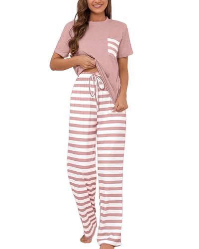 Atxnn Schlafanzug Damen Baumwolle Sommer Pyjama Set Kurzarm Nachtwäsche Schlafshirt Gestreift Schlafhose Hausanzug mit Taschen, ROSA XXL von Atxnn