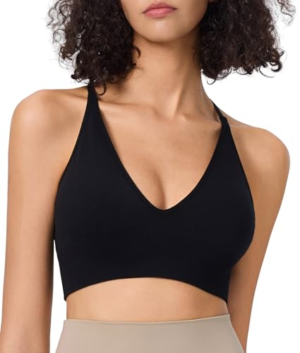 Atxnn Sport BH Damen Verstellbarer Riemen Casual Yoga Bra Tiefer V-Ausschnitt Bustier Gering Halt Spaghetti Top Crossback ohne Bügel, Schwarz S von Atxnn