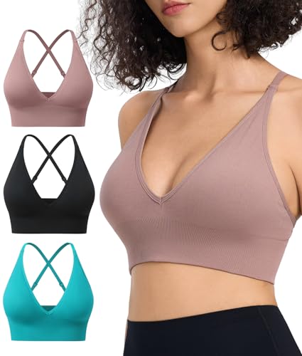 Atxnn Sport BH Damen Verstellbarer Riemen Casual Yoga Bra Tiefer V-Ausschnitt Bustier Gering Halt Spaghetti Top Crossback ohne Bügel 3 Pack von Atxnn