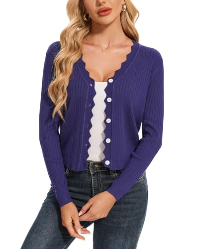 Atxnn Strickjacke Damen Herbst Kurze Cardigan Elegant Gerippt Strickpullover mit Knöpfen Leichte Open Front Sweater Frühling Strickmantel, Royalblau XXL von Atxnn