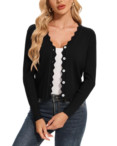 Atxnn Strickjacke Damen Herbst Kurze Cardigan Elegant Gerippt Strickpullover mit Knöpfen Leichte Open Front Sweater Frühling Strickmantel, SCHWARZ XXL von Atxnn
