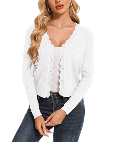 Atxnn Strickjacke Damen Herbst Kurze Cardigan Elegant Gerippt Strickpullover mit Knöpfen Leichte Open Front Sweater Frühling Strickmantel, Weiß M von Atxnn