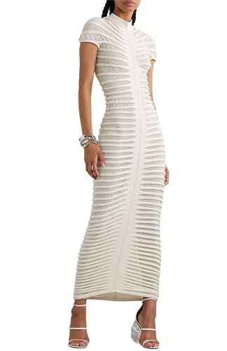 Atyfuniby Damen Pullover Bodycon Kleider Kurzarm Häkelstrick Tube Sheer Stripe Mock Neck Midi Kleid, Weiss/opulenter Garten, Groß von Atyfuniby