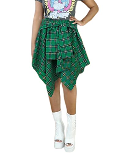 Damen Plaid Röcke Hohe Taille Knoten Vorne Asymmetrischer Saum Mini Skater Rock, Grün , X-Groß von Atyfuniby