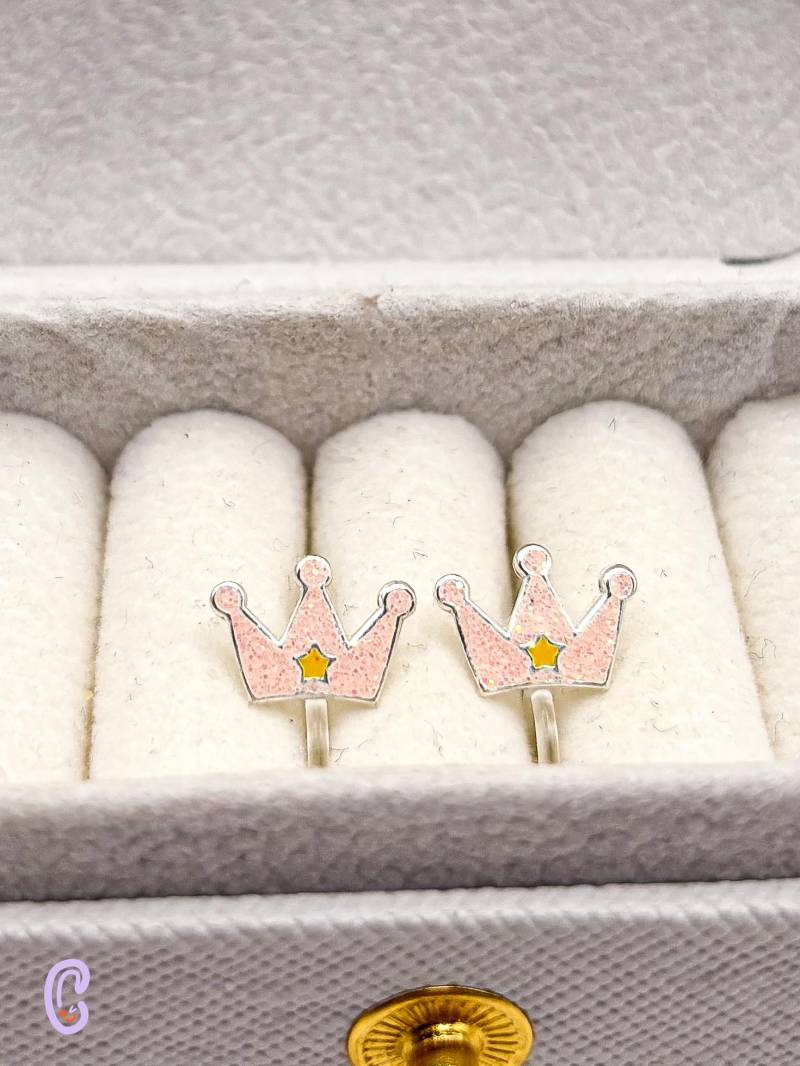 Kronen Ohrclips Kinder, 925 Silber Ohne Ohrlöcher, Schmerzfreie Ohrringe Mädchen, Prinzessin Schmuck, Glitzer Ohrclips, Geschenk Kinder von AuMiClipz