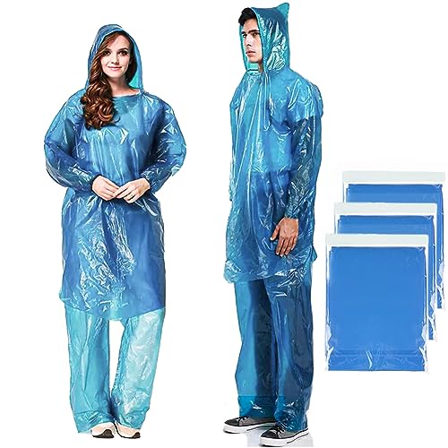 AuRiver 3 Sätze Regenponcho Einweg mit Hose, Regenponchos mit Kapuze, Regenponcho, Transparent Wasserdicht Regencape, Regenumhang für Erwachsene, Damen & Herren (Blau- Ohne Schuhüberzieher) von AuRiver