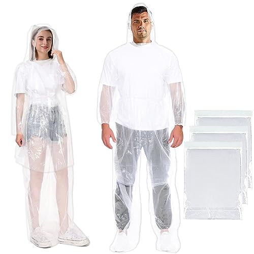 AuRiver 3 Sätze Regenponcho Einweg mit Hose, Regenponchos mit Kapuze, Regenponcho, Transparent Wasserdicht Regencape, Regenumhang für Erwachsene, Damen & Herren (Transparent- Mit Schuhüberzieher) von AuRiver